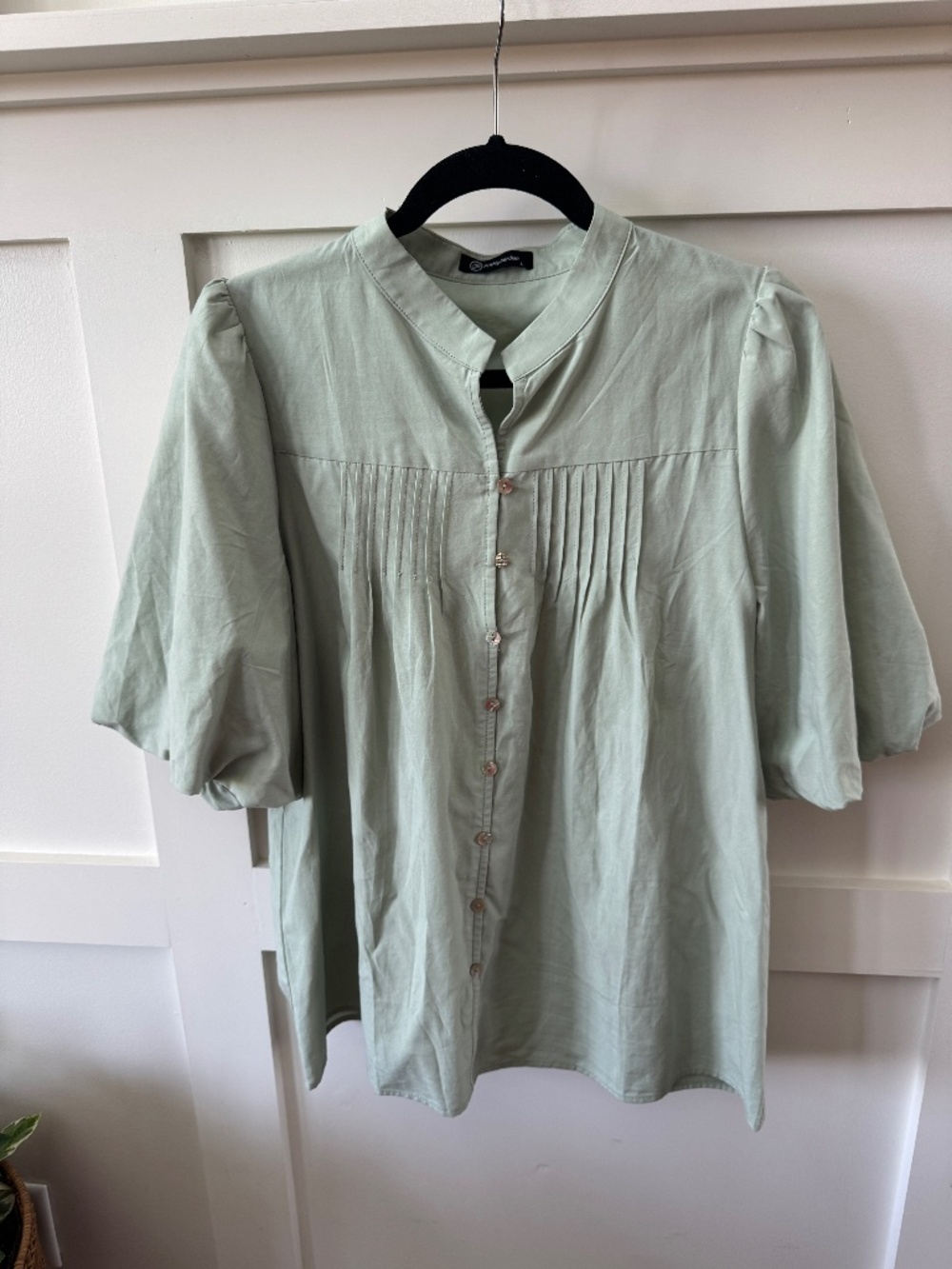 Sage Green Pintuck Button Front Puff Sleeve Blouse